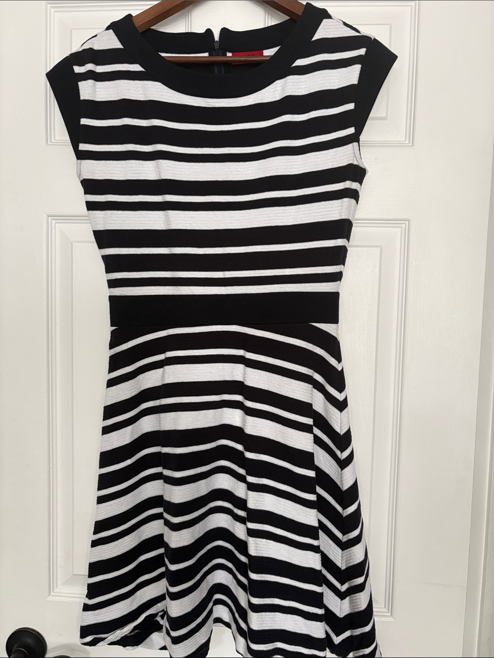 Hugo Boss Black and White Striped Fit-and-Flare Mini Dress